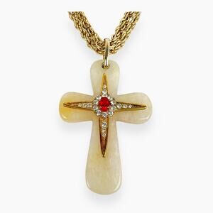 Gold Tone Cross Pendant Necklace Agate Red Center Stone Clear Rhinestones Chain